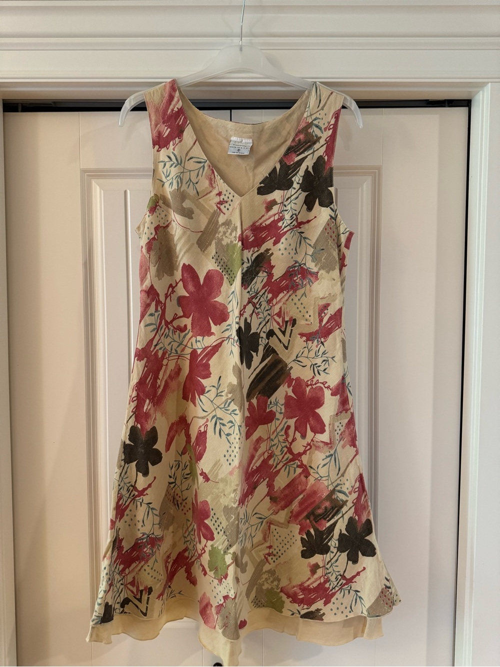 100% LINEN❤️Floral Beige A-Line Sundress with Orange& Olive Accents PTP20 L40